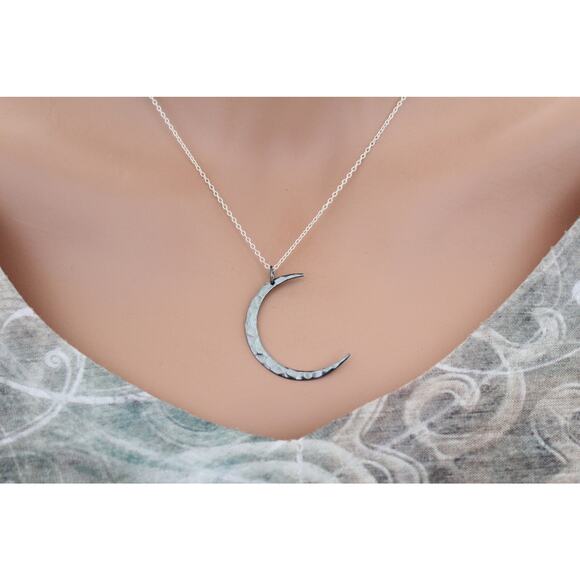 Black Sterling Silver Hammered Crescent Moon Charm Necklace - Picture 3 of 4
